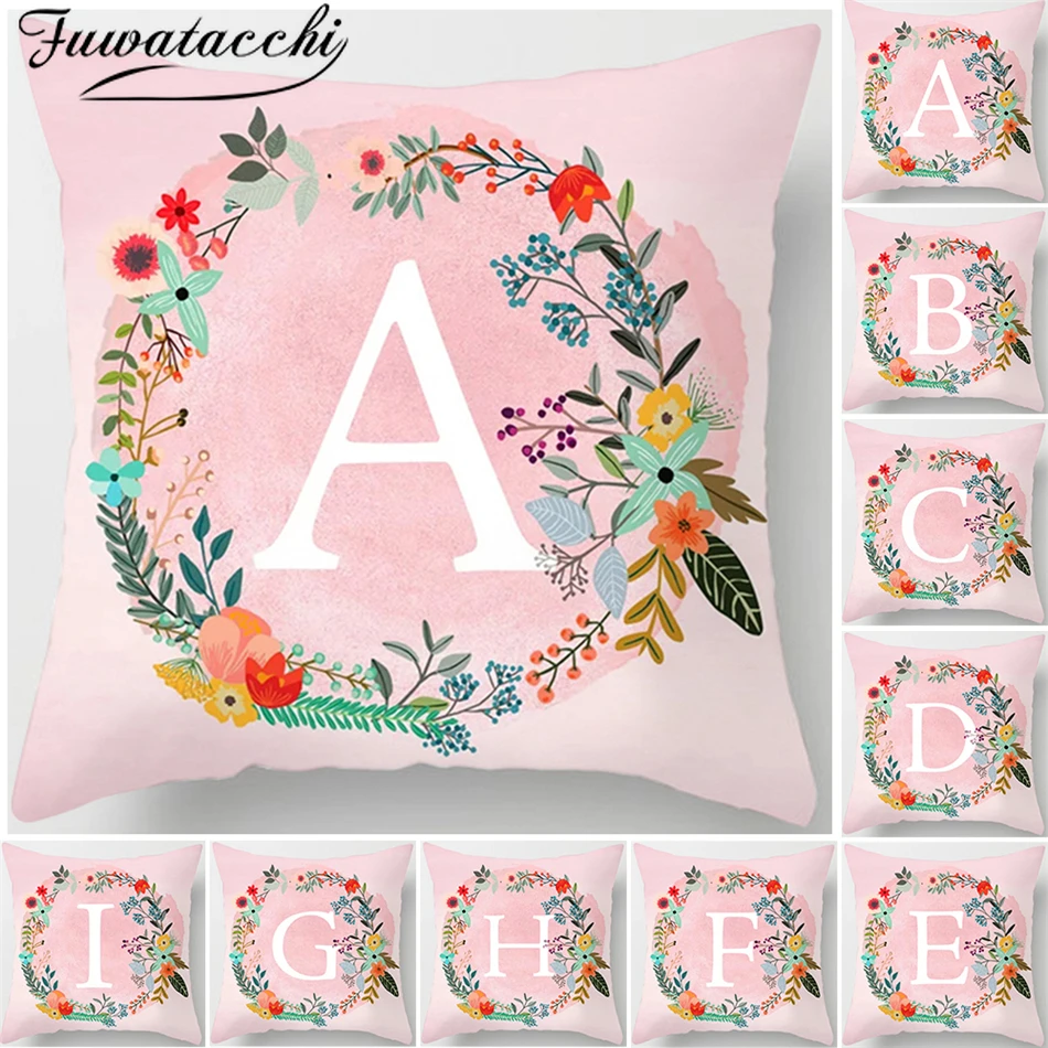 

Fuwatacchi Girls' Pink Pillow Cover White Letter In A Wreath Background Pillowcase For Home Decorative Alphabet Cushion Cover