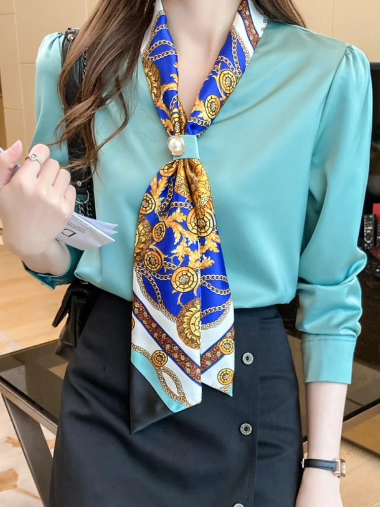 

Satin Women Blouses 2023 Fashion Long Sleeve Shirt Women Ribbon Elegant Blouse Office Lady Shirt Basic Women Top Spring Clothing