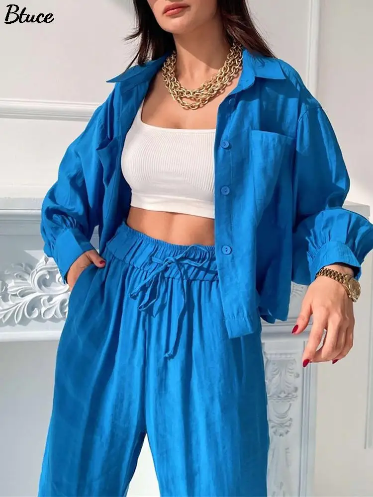 

Blue Lapel Shirt Top Slit Wide Leg Pants Set 2022 Spring Casual Office Ladies Elegant Long Pants With Drawstring Two Piece Sets