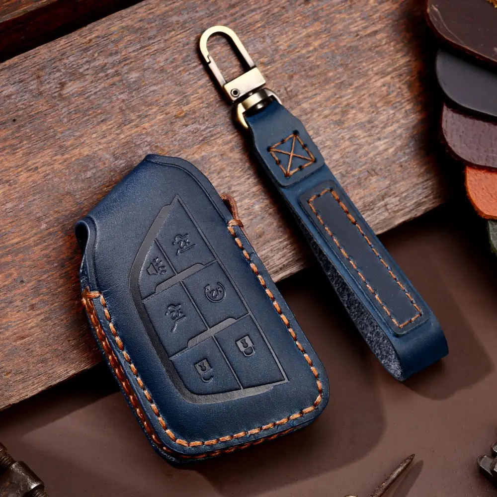 

Leather Handmade Car Remote Key Case Cover Holder Keychain For Cadillac CT4 CT5 CT4-V C8 Corvette 2020 2021 Escalade Accessories