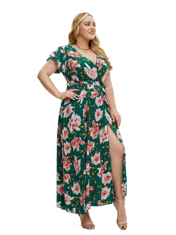 Large size women's summer new short sleeve print split dress plus size women clothing  evening dresses