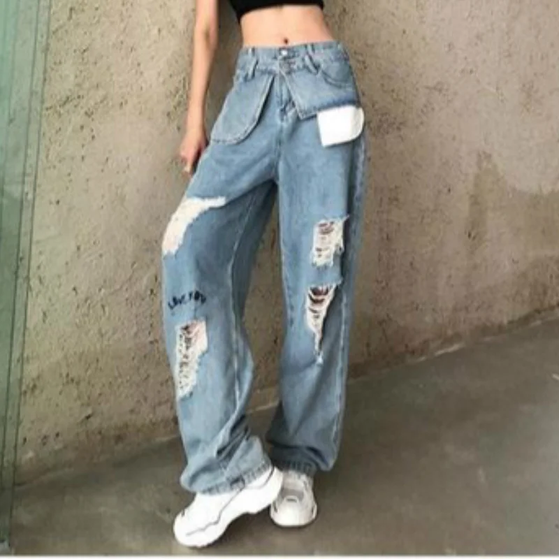 Loose Jeans High Waist Women Casual Hole Ripped Denim Trousers Wide Leg Light Blue Streetwear Vintage Pants Streetwear Plus Size