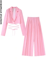 pailete women 2022 fashion with tied cropped satin blazer or pleated high waist side pockets trousers two pieces sets mujer