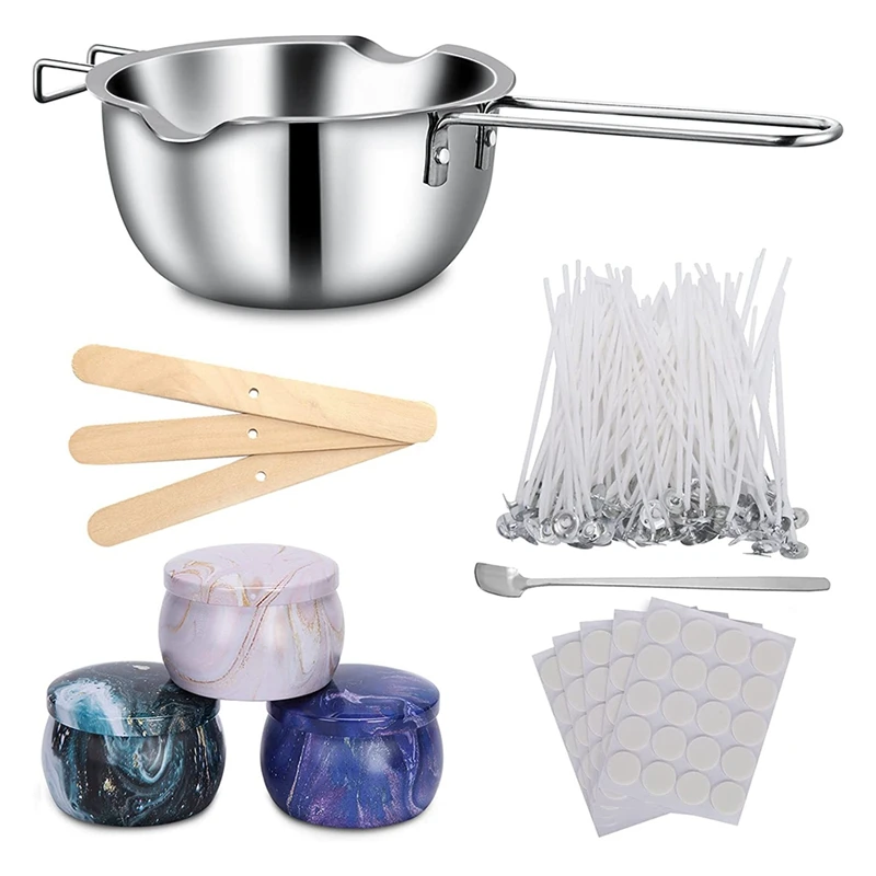 

Candle Making Kit, Beginners Kit Wax Melting Pot, 3Pcs Tins, 100PCS Wicks, 100Pcs Wick Stickers 3Pcs Candle Wicks Holder