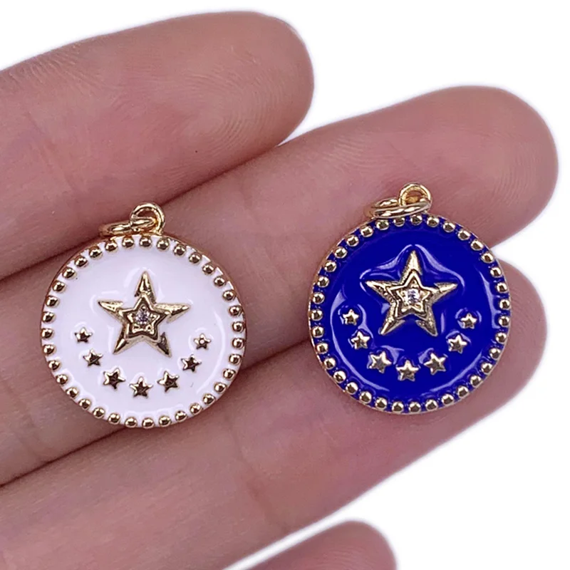 

Vintage Classic Round White Blue Star Necklace Pendant Charm Enamel Gold Plated Jewelry Making Cute Accessories Gift