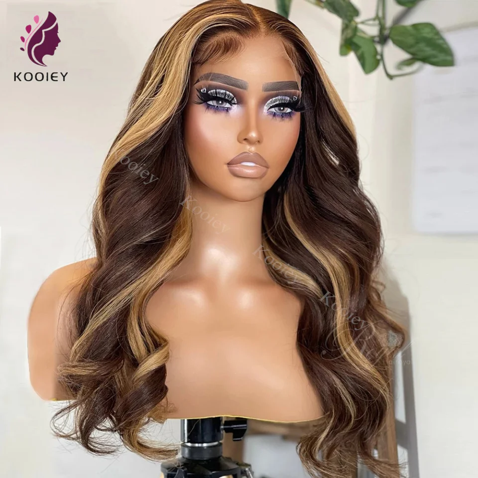 Honey Blonde Brown Highligh 5x5 Silk Top Human Hair Wig Brazilian Body Wave Ombre 13x4 Lace Front HD Transparent Wigs