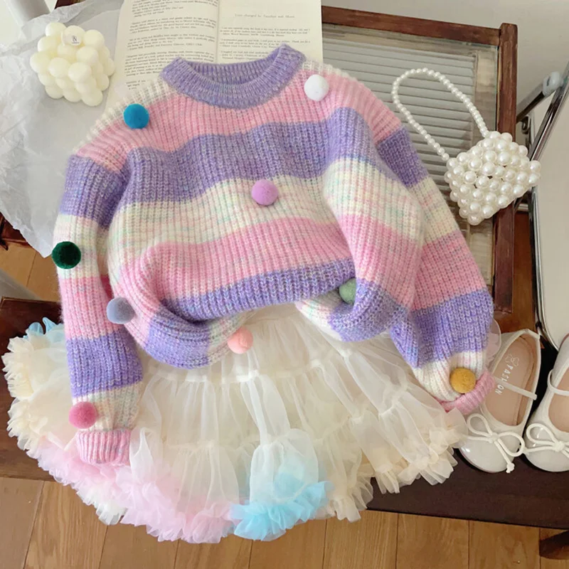 

Spring Autumn Girls Sweater Baby Knitwear Kids Pullover Tops Toddler Sweater Children Clothes Striped Ball Rib Knit 2-7Y