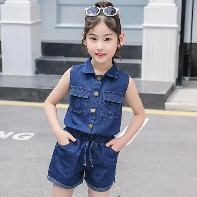 Girls New Sets 2023 Summer Fashion Lapel Sleeveless Tops and Shorts Sets Teen Kids Clothes Suit Children Denim Girls Tracksuit