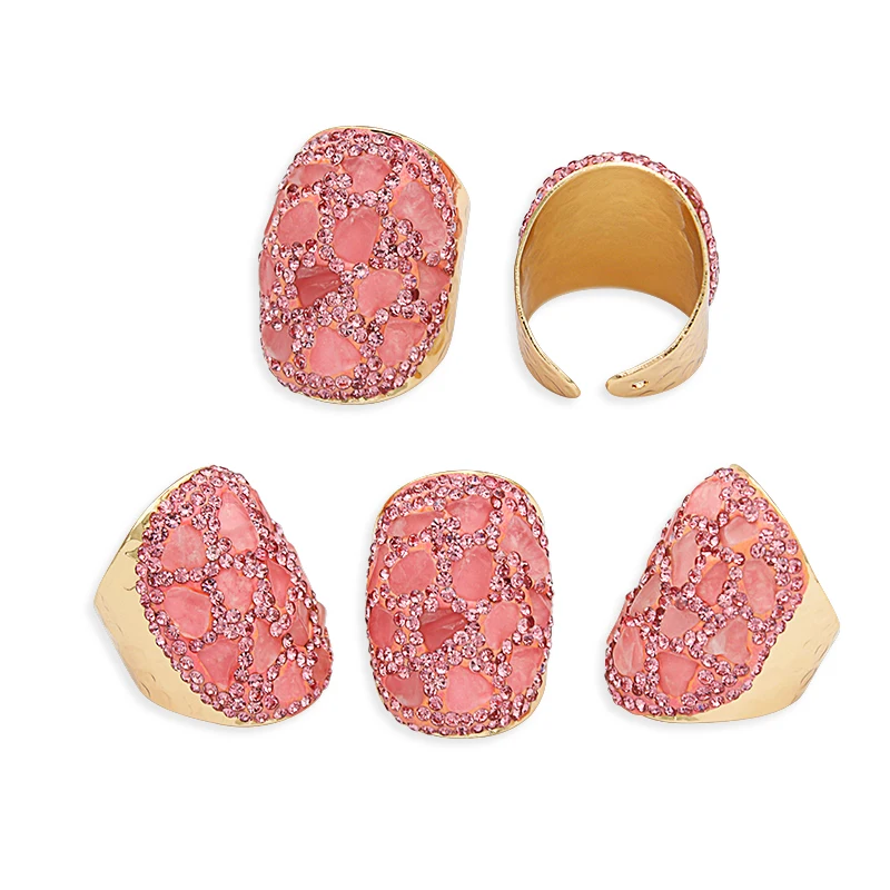 Irregular Rose Quartz Open Ring for Women Girls Handmade Micro Inlay Chip Stones Party Wedding Anniversary Gifts Jewelry
