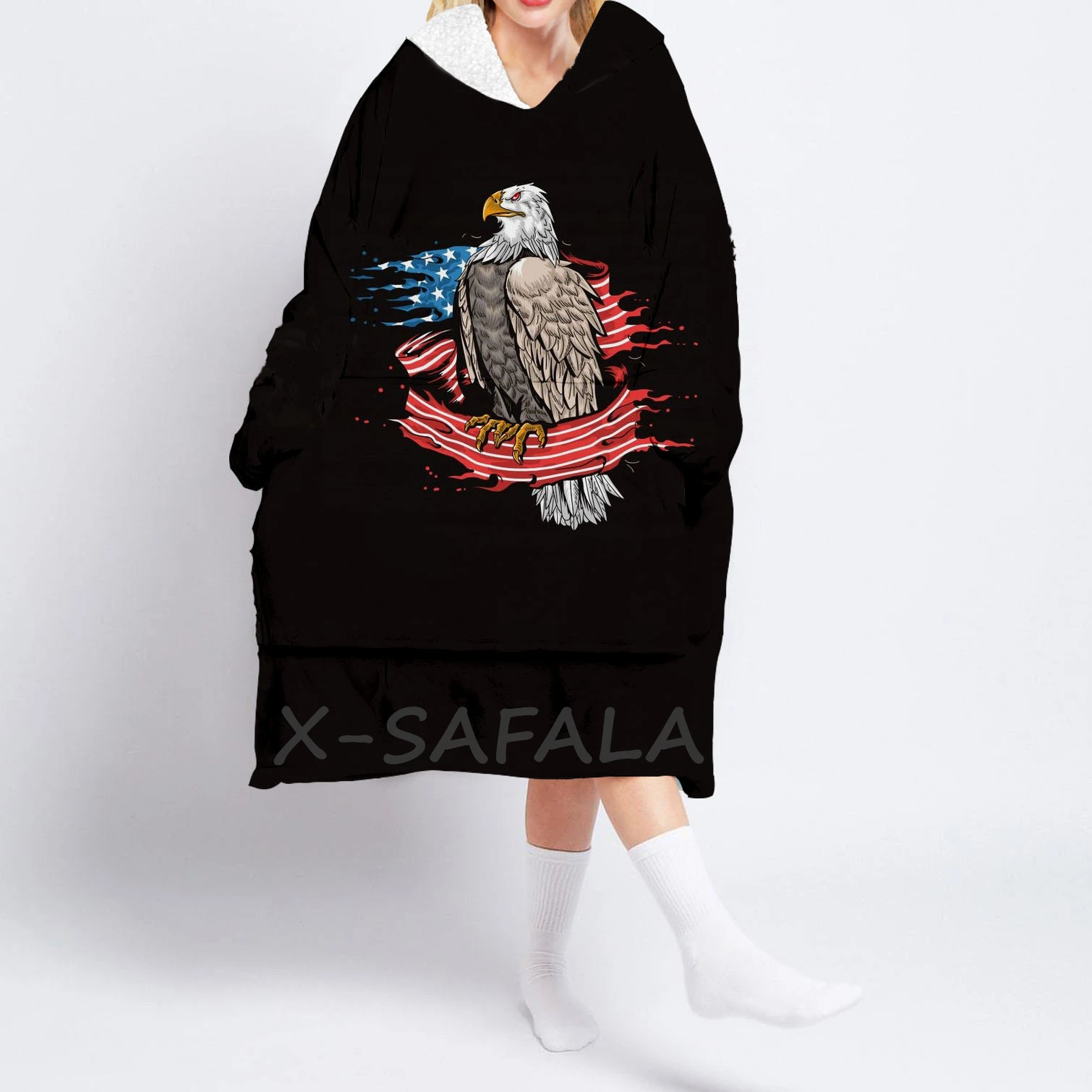 

Army Veteran USA Printed Oversized Hooded Wearable Blanket Hoodie 4 Robes Sherpa Pocket Female Man Sleepwear Nightdress Pajamas
