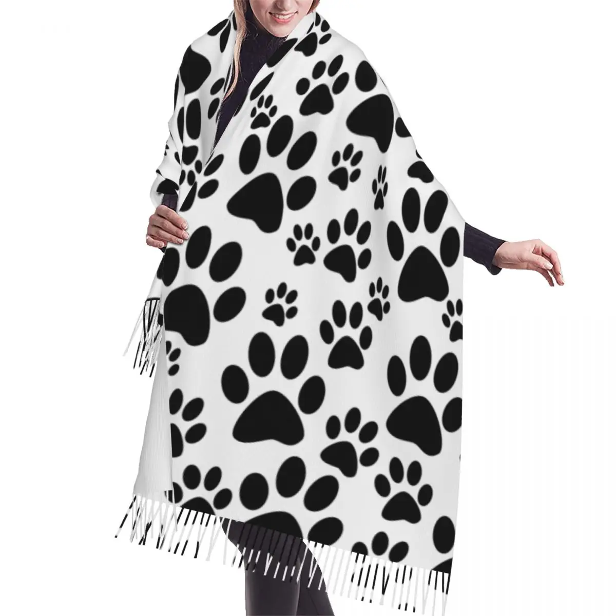 

Black Dog Paw Prints Scarf Winter Long Large Tassel Scarves Soft Wrap Pashmina