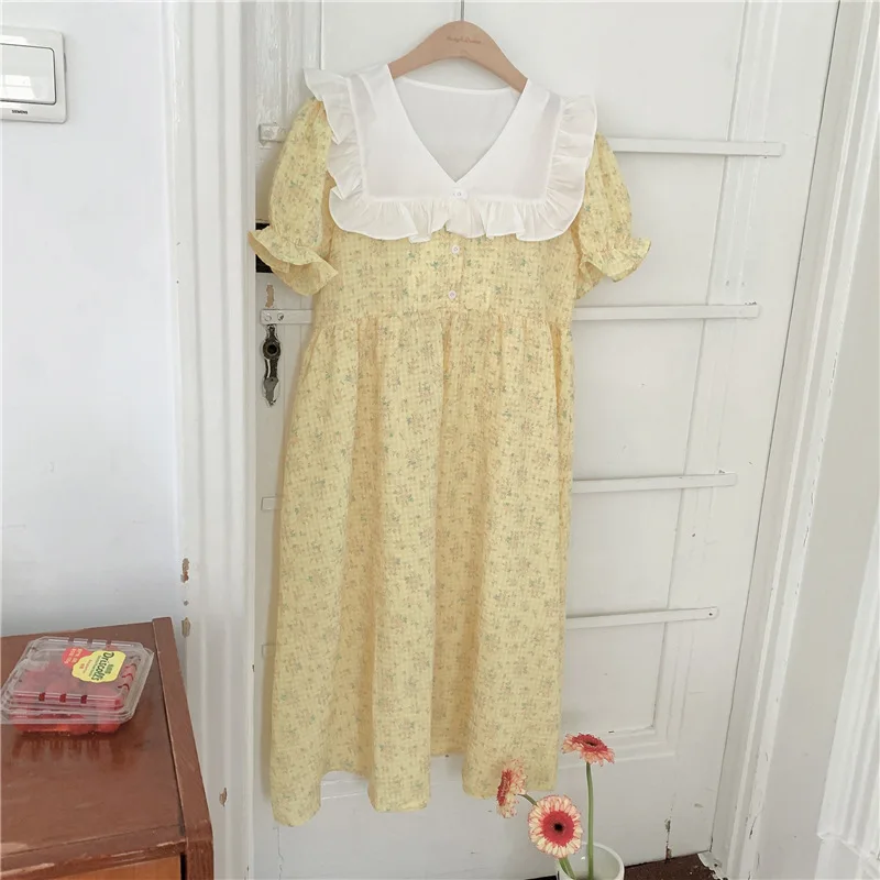 2022 Summer Pajamas for Women Cotton Night Gown Plaid Floral Colorblock V-neck Short-sleeved Home Wear Vestido Woman Sleep Dress