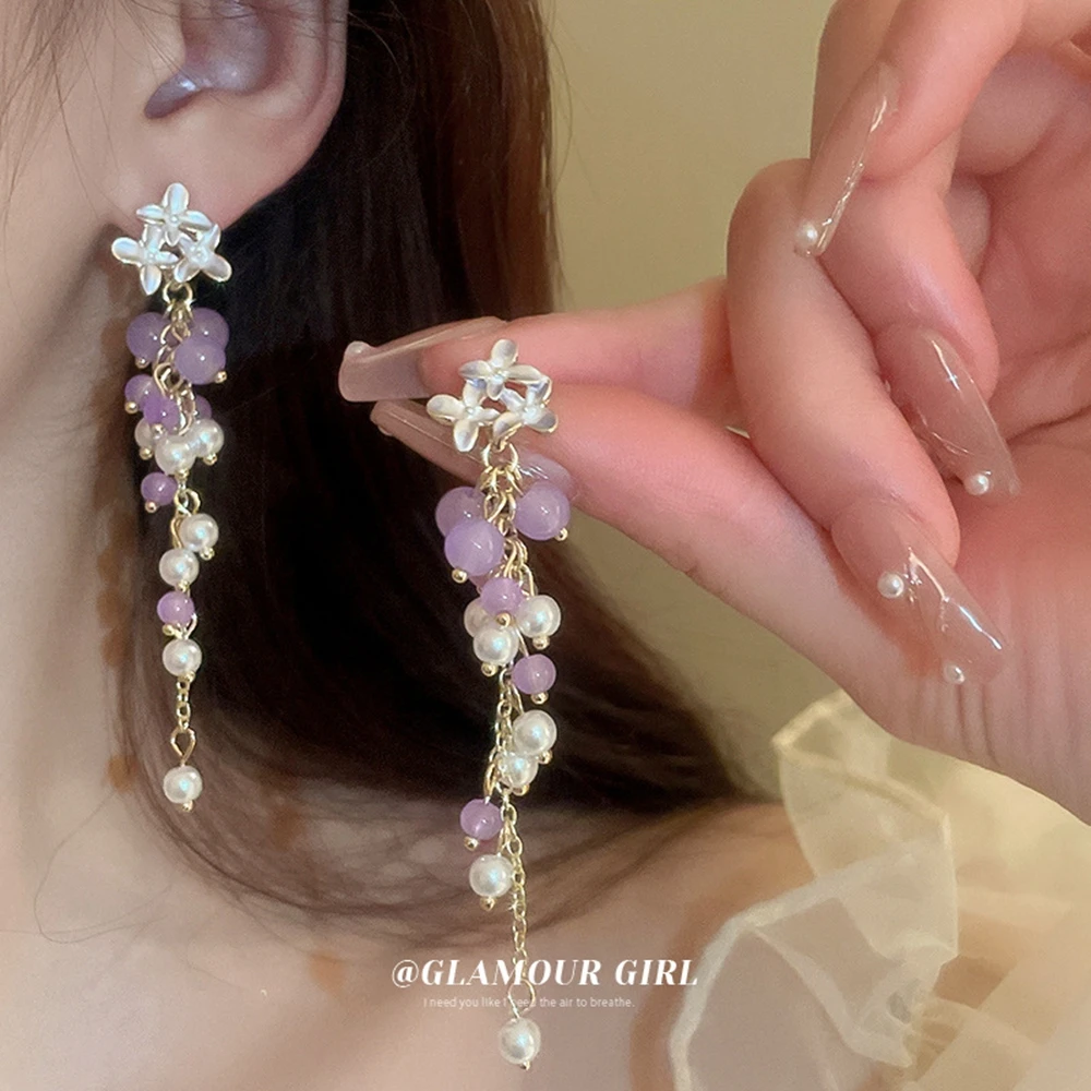 

Sweet Fairy Sliver Needle Flower Crystal Beads Long Tassel Earrings for Women Fashion Elegant Earrings Y2k Kpop Trendy Jewelry
