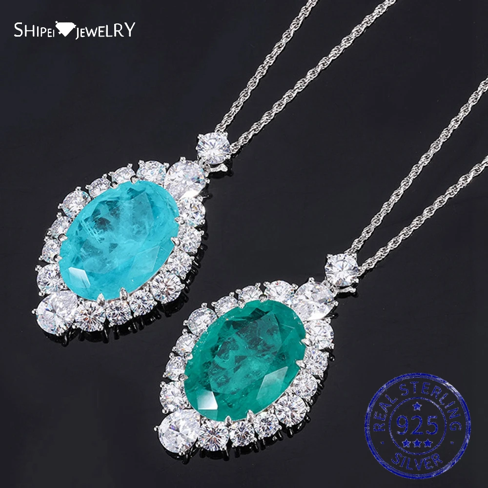 

Shipei 925 Sterling Silver Oval Cut 17*25MM Created Moissanite Emerald Paraiba Tourmaline Gemstone Pendant Necklace Fine Jewelry