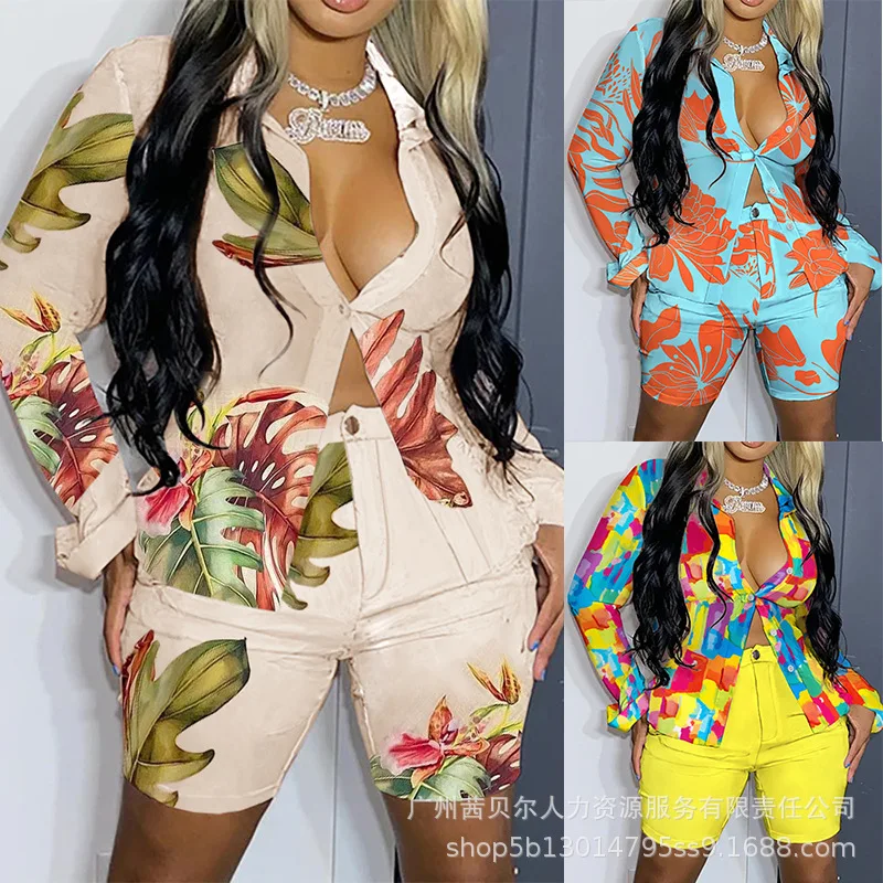 

Women Slim Print Suit Women Long Sleeve Single-Breasted Cardigan Turn-down Collar Shirt Button High Waist Straight Shorts Suit