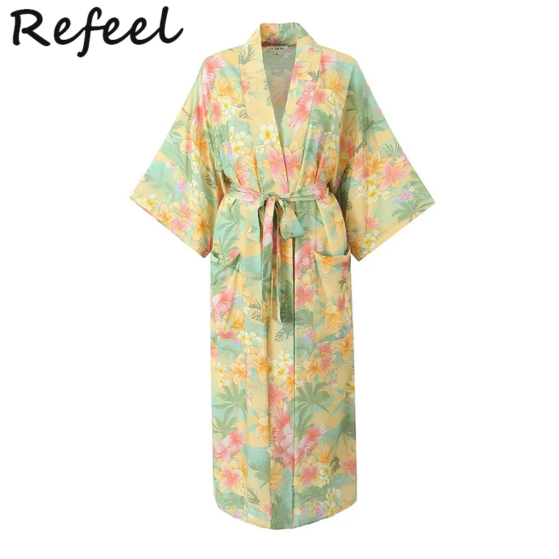 

Refeel Loose Kimono Long Dress Summer Floral Print Belt V-Neck Rayon Bohemian Lady Batwing Robe Beach Boho Cover-Ups