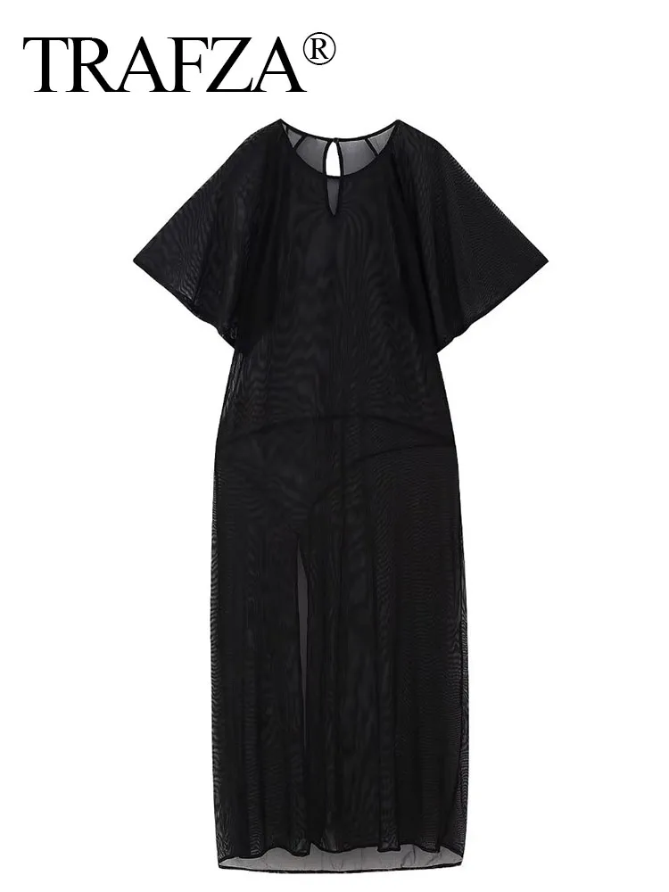 

TRAFZA Fashion Elegant Female Chic Round Neck Slim Commuter Dress Woman Black Translucent Short Sleeve Loose Slim Long Dress