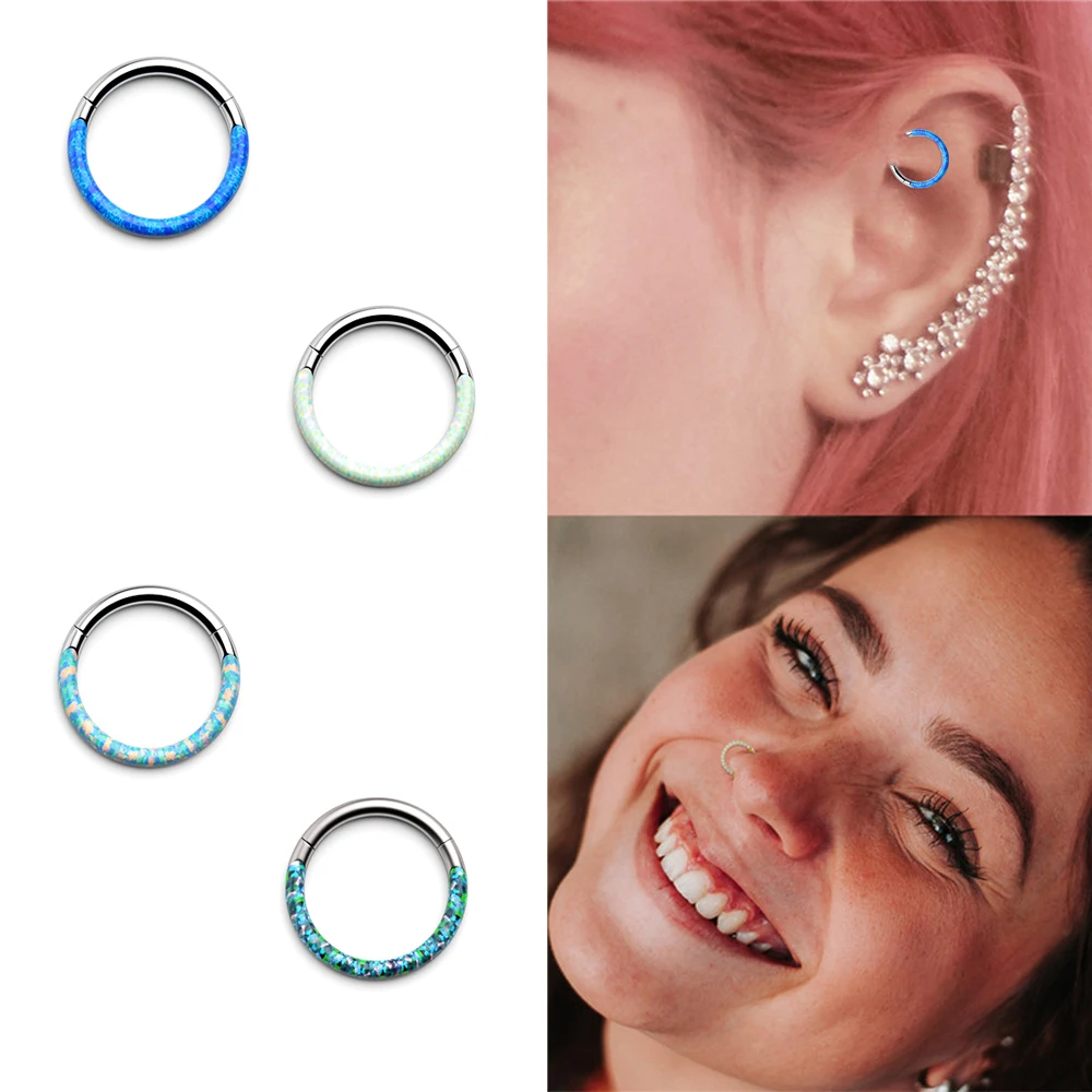 

Sunshine Opal Nose Ring Stainless Steel Nose Piercing Diaphragm Hinge Click Clicker Lip Ring Earrings Body Decoration Jewelry