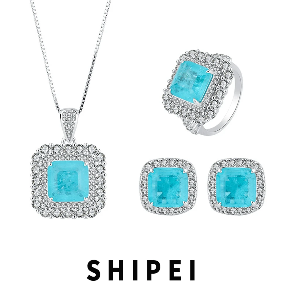 

SHIPEI Solid 925 Sterling Silver Paraiba Tourmaline Emerald Gemstone Earrings/Pendant/Necklace/Ring Jewelry Set 3Pcs Wholesale