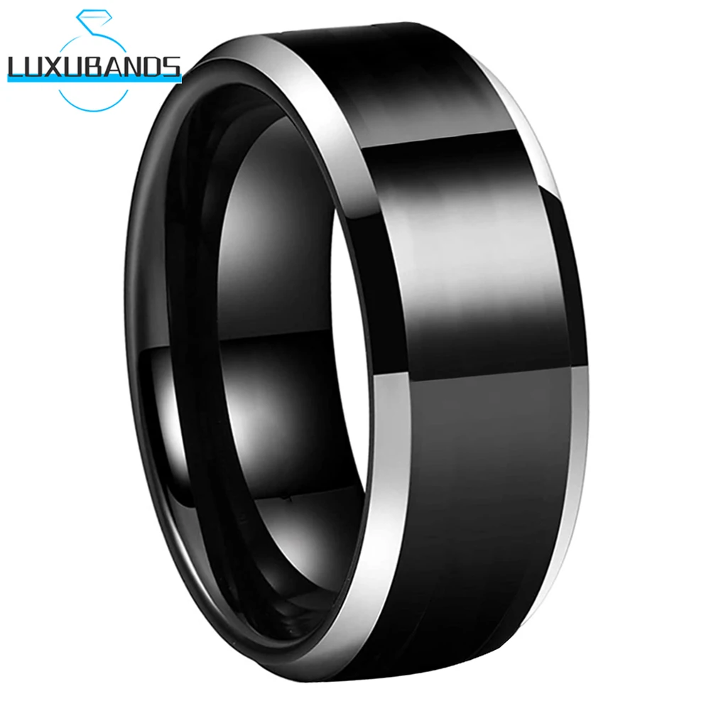 

8mm 6mm Black Tungsten Carbide Wedding Ring for Men Women Beveled Edges Engagement Band Polish Finished Shiny Comfort Fit