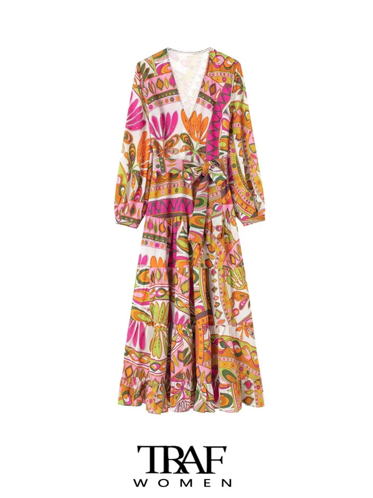 

Платье-миди с поясом, V-образным вырезом и длинным рукавом