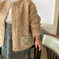 spring autumn baby girls solid color hollowed out knitted cardigan children retro style loose thin sweaters