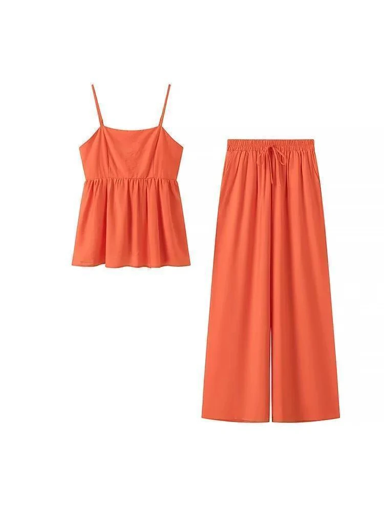 Стильный и удобный оранжевый топ на бретельках брюки подходящий женский летний