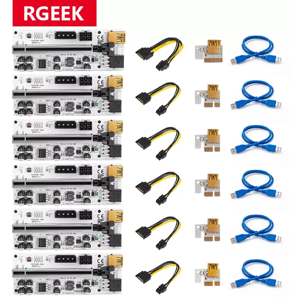 

RGeek 6pcs Newest VER010 USB 3.0 PCI-E Riser PCI Express 1X 4x 8x 16x Extender Riser Adapter Card SATA 15pin to 6pin Power Cable