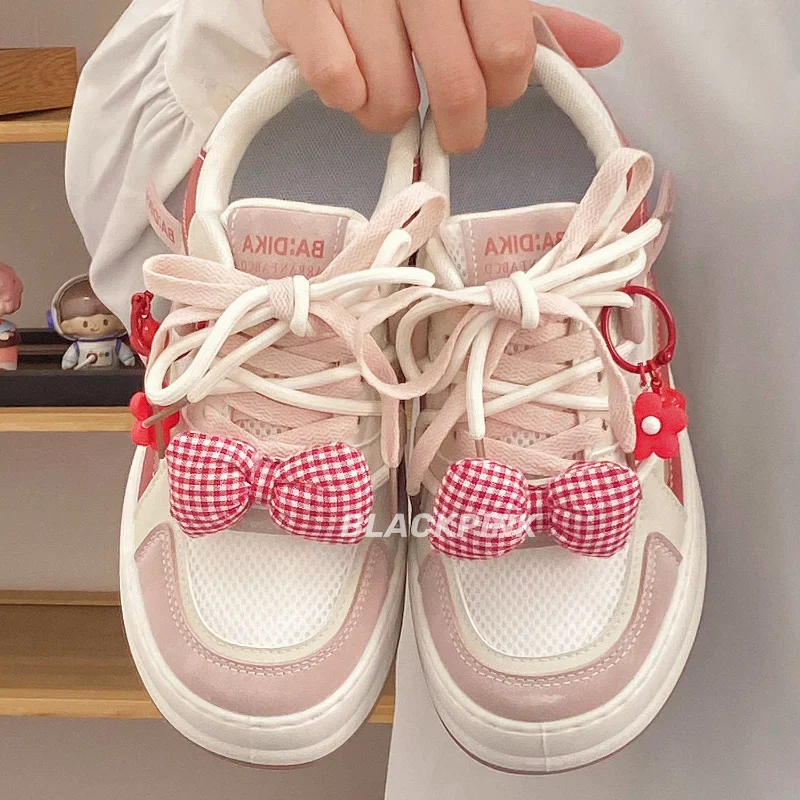 SHANPA Bow Pink Shoes New Summer 2023 Korean Fashion Versatile Mesh Breathable Casual Loose Original Design Zapatillas Mujer