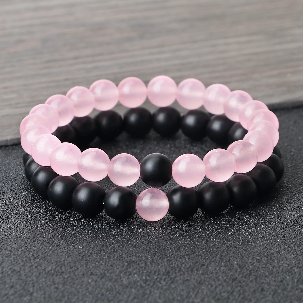 

2Pcs/Set Natural Stone Pink Black Beads Couple Distance Bracelet For Men Women Strand Bracelets Bangles Yoga Lover Jewelry Gifts