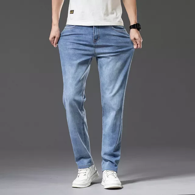 

2023New Spring and Summer New Men's Thin Light Blue Jeans Fashion Casual Stretch Straight-leg Baggy Denim Pants Male Brand T