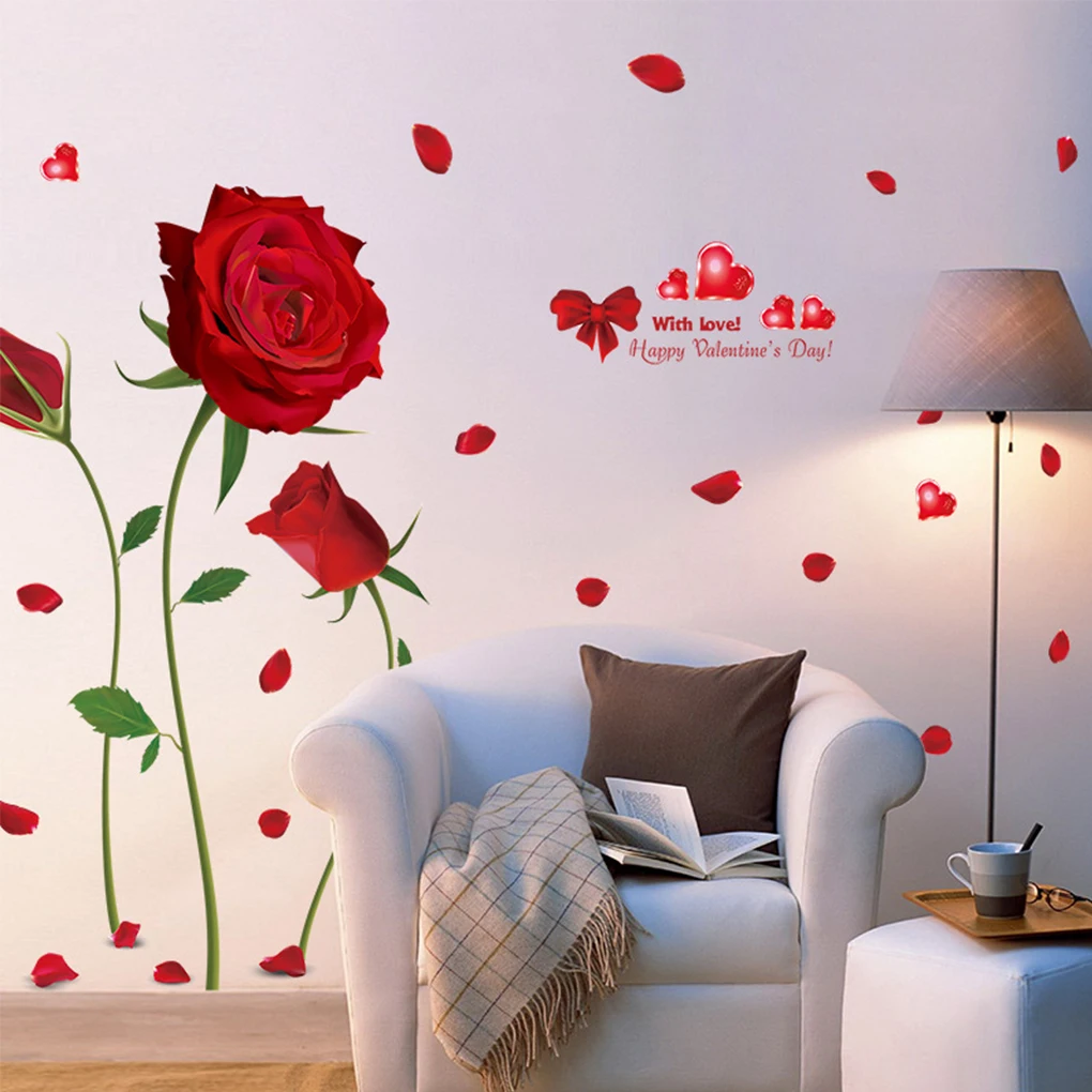 

PVC Rose Wall Sticker Replacement Cute Romantic Self-adhesive Decorative Household Bedroom Office Flower Decal Decor