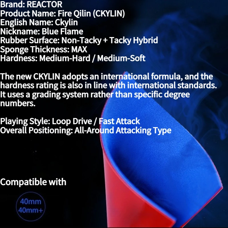 Фото Накладка для настольного тенниса REACTOR CKYLIN Little Blue Fire Series с шипами внутри и синей губкой Blue Cake, средней/мягкой жесткости MAX №4