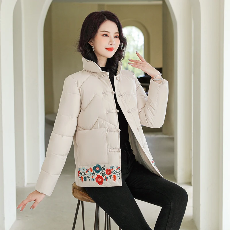 Ethnic women's fall winter retro padded clothes short padded jacket mother embroidered Tang suit padded coat button Chinese coat