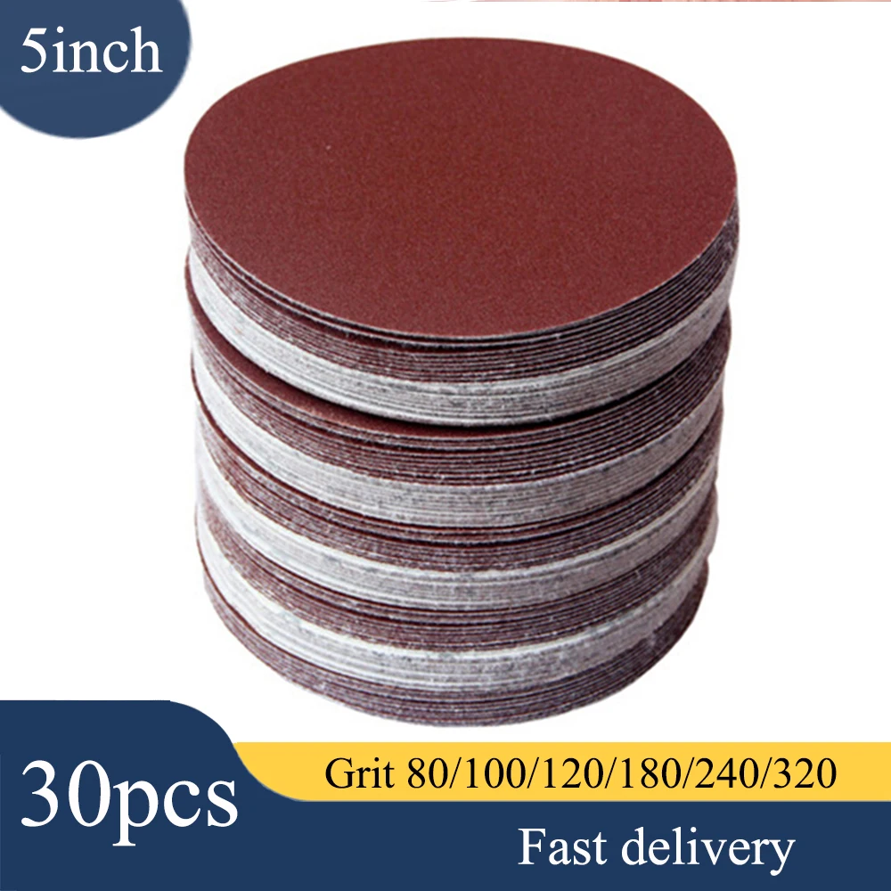 30pcs/set 5inch 125mm Round sandpaper Disk Sand Sheets Grit 80/100/120/180/240/320 Hook and Loop Sanding Disc for Sander Grits D