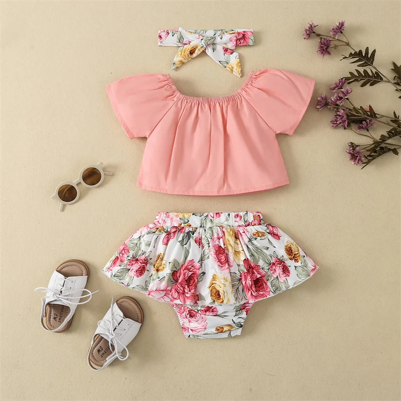 3 шт. детский хлопковый костюм с коротким рукавом юбка цветочным принтом и