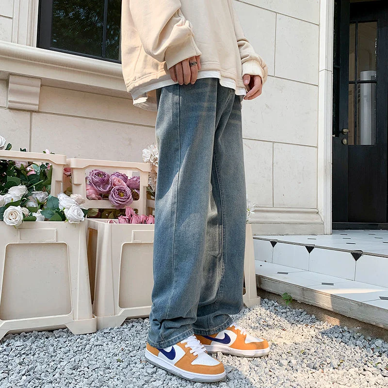 Autumn Blue Baggy Jeans Men Fashion Casual Straight Jeans Streetwear Men Korean Style Loose Wide Legs Denim Pants Mens Trousers