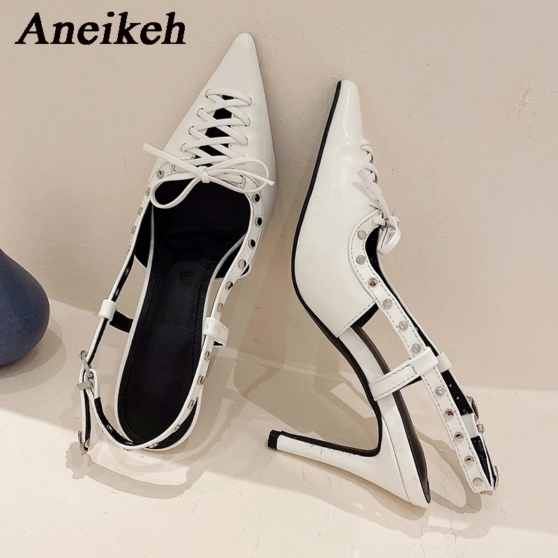 

Женские брендовые сандалии Aneikeh Pumps2023, весна/лето, металлический тонкий каблук, заклепки, шнуровка, банкетная обувь на шпильке