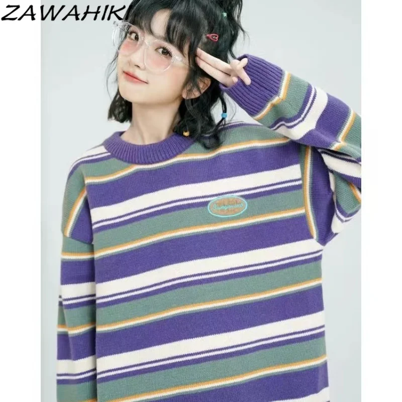 

Винтажный свитер в полоску, осенне-зимние свободные жаккардовые вязаные пуловеры с круглым вырезом, уличная одежда в стиле Харадзюку, трико...