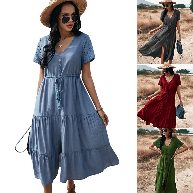 

Женское платье с коротким рукавом, винтажное пляжное платье с вырезами, повседневное свободное элегантное платье средней длины в стиле бох...