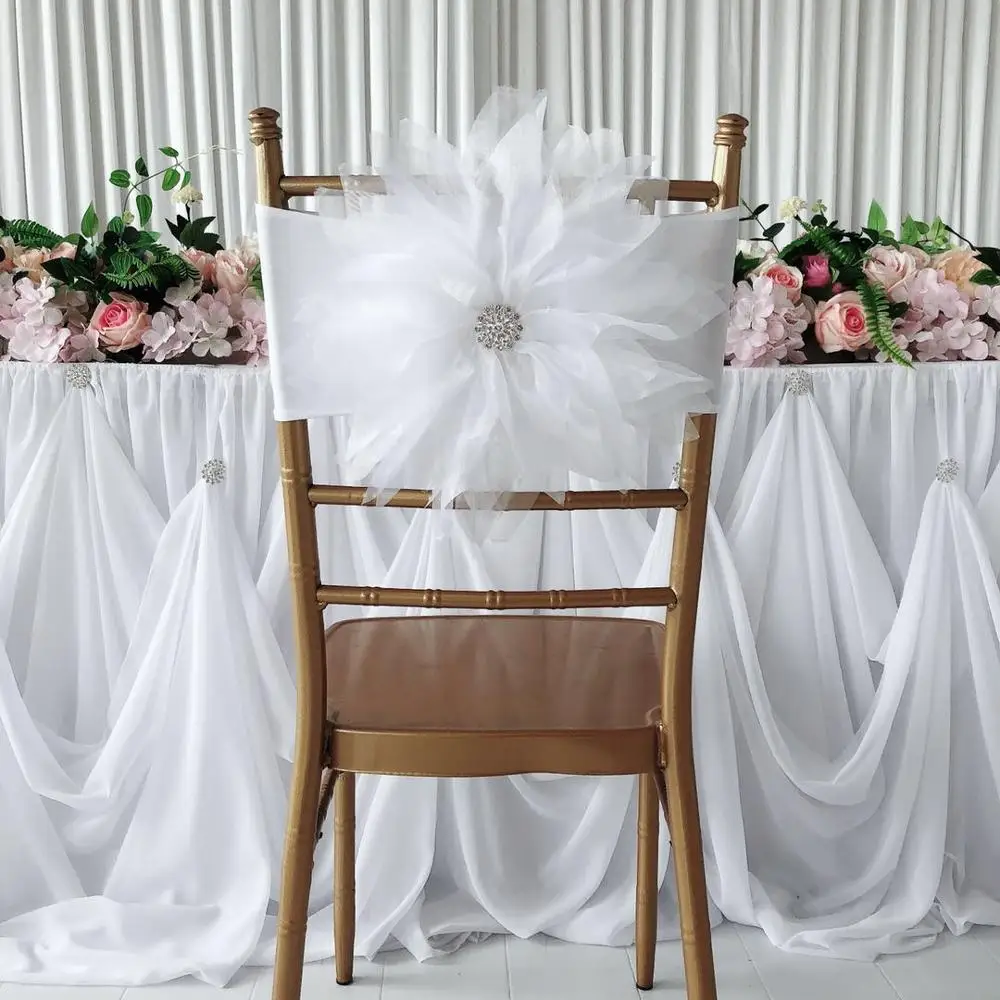 New Arrival White Hot Sale  100 pcs / lot Organza  Big  Flower With Silver Brooch Spandex Chair Band for Wedding Party