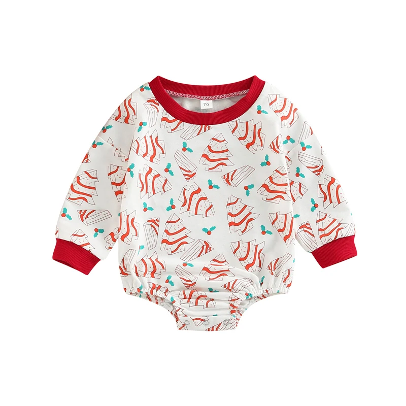 

2022 Baby Girls Winter Bodysuit Xmas Newborn Infant Long Sleeve Round Neck Christmas Tree Print Bodysuit Cute Party Clothing