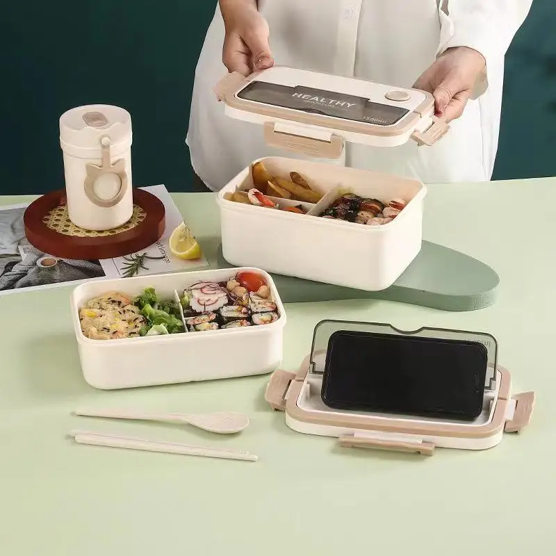 

Portable Compartment Lunch Box Plastic Lunchbox Students Office Bento Box Microwave Food Containers with Chopsticks and Spoon