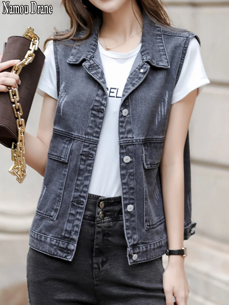 

Женский джинсовый жилет Namou Drane, Свободный жилет с карманами в Корейском стиле, весна-осень 2023