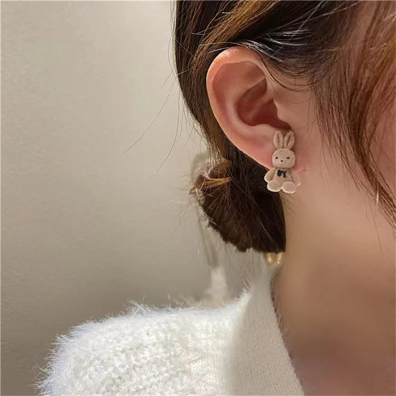 Flocking Plush Rabbits Bears Stud Earrings Brown Khaki Animal Drop For Women Girls Cute Earring Jewelry Brincos Gifts | Украшения и