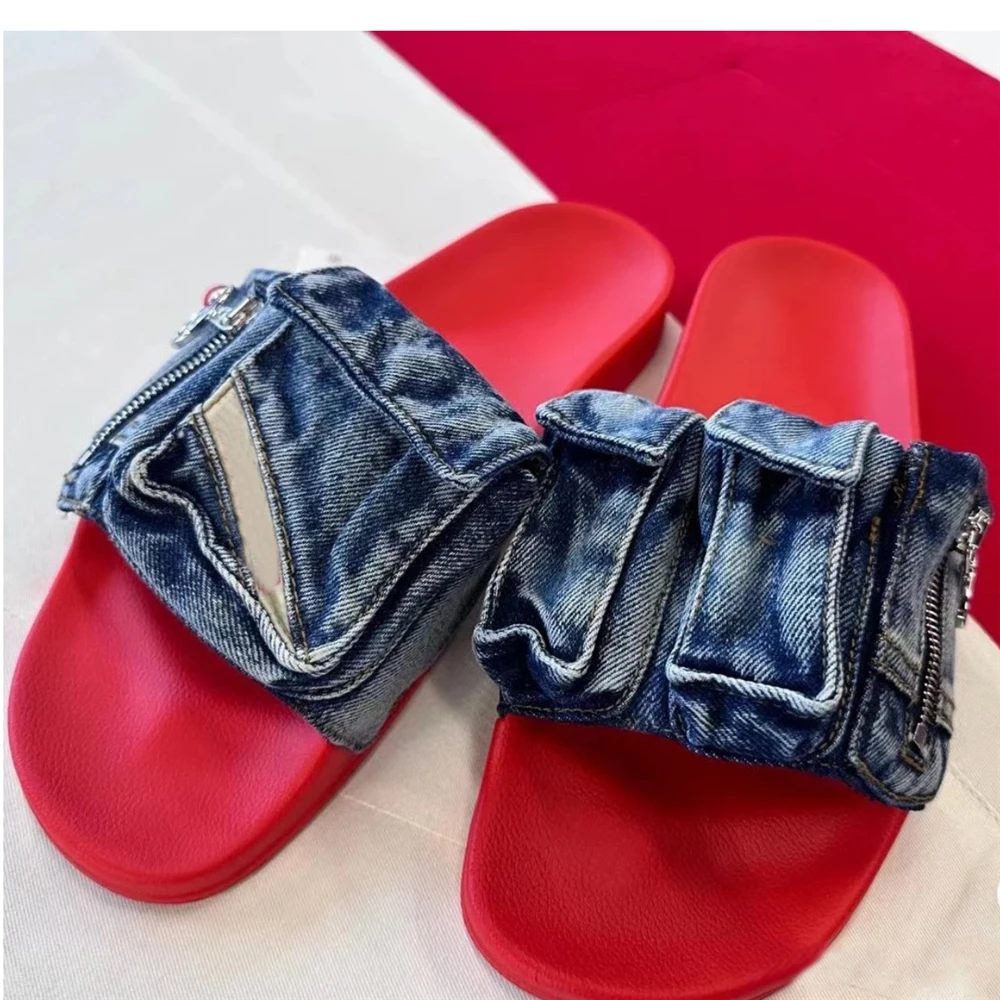 Women's New Shoes Flat Bottom Soft Sole Denim Zipper Decoration Slippers Round Toe Open Toed Beach Party Ladies Large Sandals