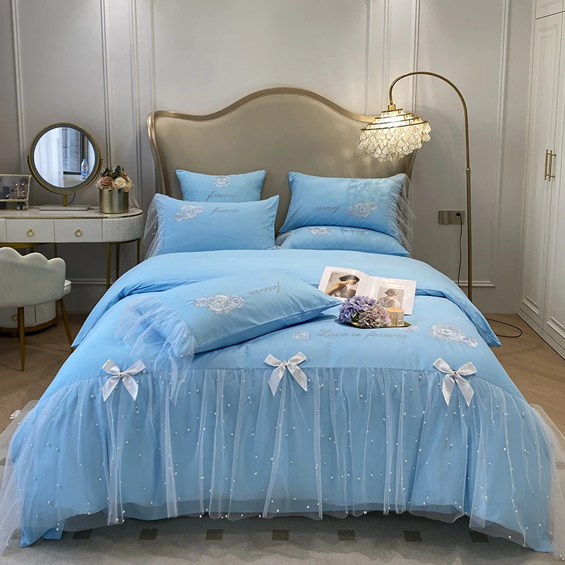 

60S хлопковая кружевная вышивка набор постельного белья для двуспальной кровати простыня наволочка подарок свадьба для взрослых