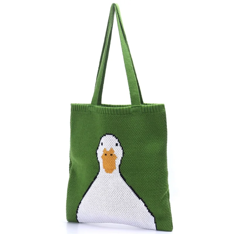 

Women Knitting Shoulder Bags Cute Duck Ladies Cartoons Handbag Casual Tote Literary BookBag Wool Shopping Bag For Girls
