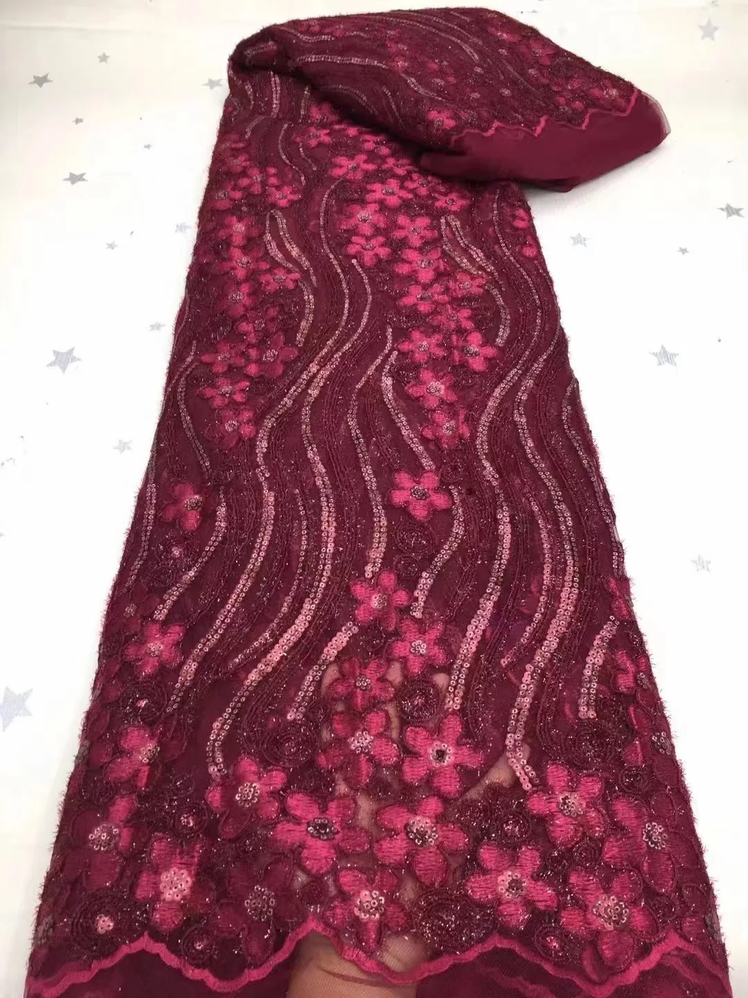 

Nigerian Hand Make Heavy Bead 3D Embroidery Luxury Lace 2022 Africa 5 Yards Red Fabric High Quality Tulle Bride Wedding Dress