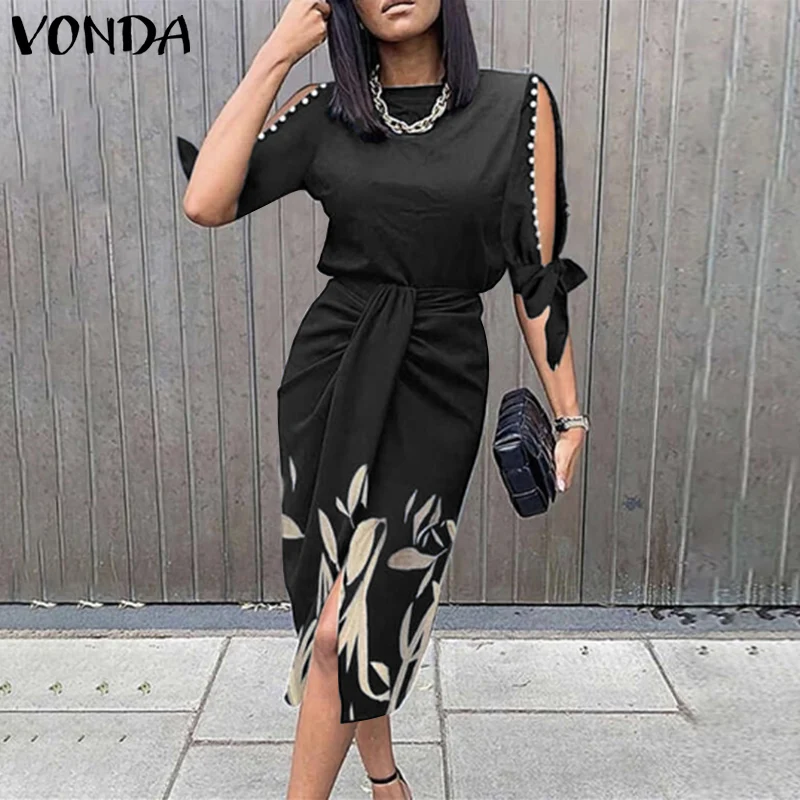 

Party Dress 2022 VONDA Women O Neck Vintage Printed Dresses Casual Half Sleeve Round Neck Midi Vestidos Printed Mid-Calf Robe